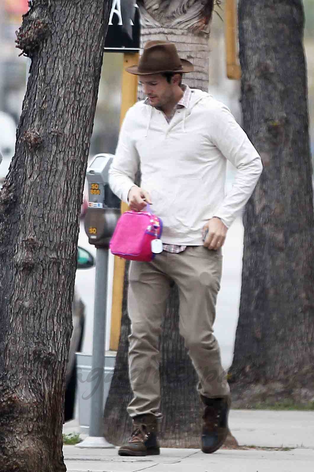 aston kutcher y su bolso rosa
