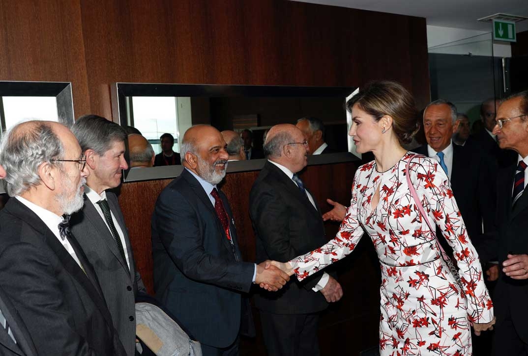 Su Majestad la Reina, tras finalizar la conferencia, recibe el saludo de los principales ponentes y expertos © Casa S.M. El Rey