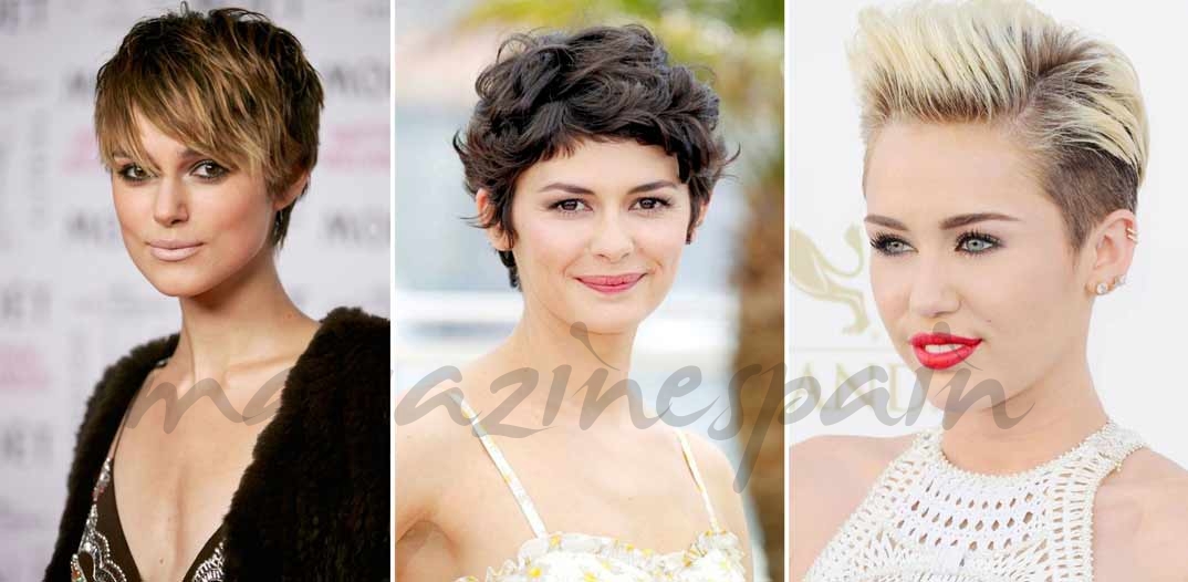 Keira Knightley (Pixie despeinado), Audrey Tautou (Pixie curly) & Miley Cyrus (Pixie levantado)