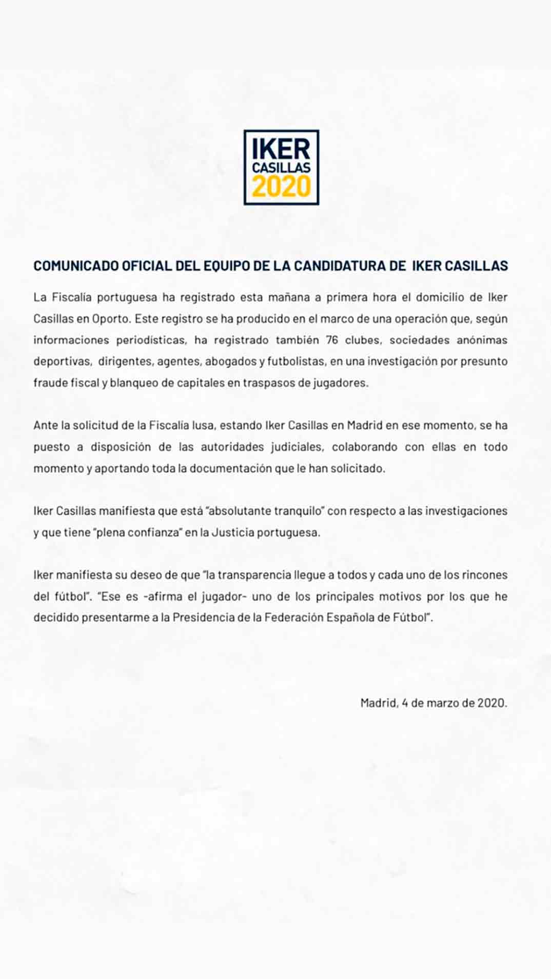Iker Casillas comunicado © Redes Sociales