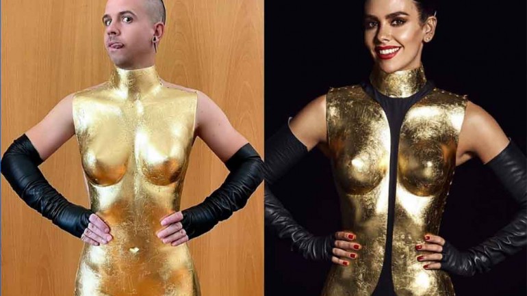 David Muñoz posa con el vestido de Cristina Pedroche de las Campanadas