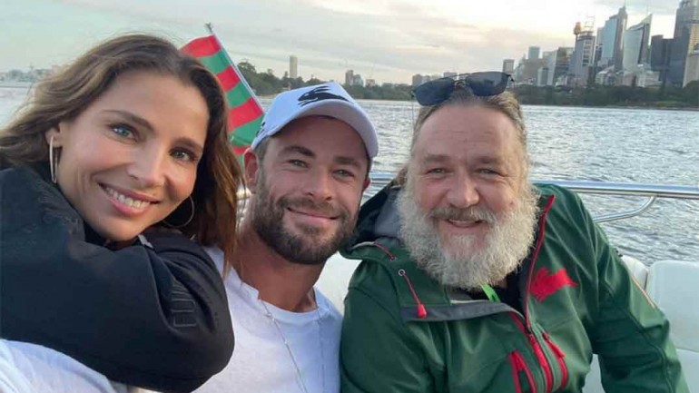 Elsa Pataky y Chris Hemsworth se divierten en el rugby con un irreconocible Russell Crowe