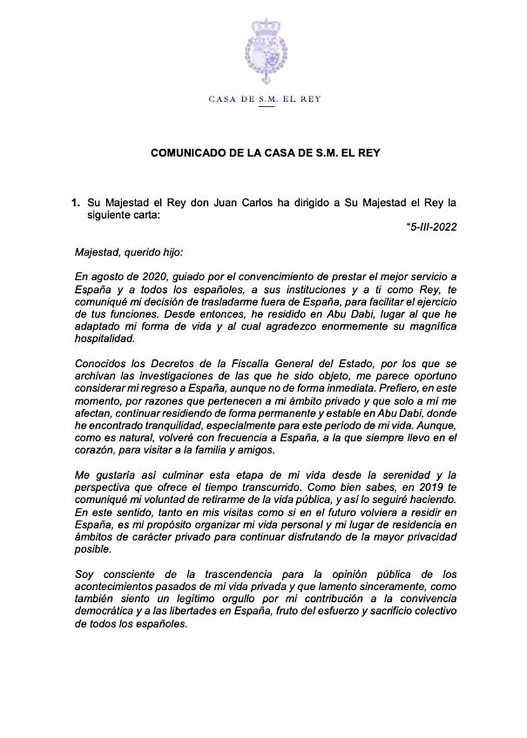 Rey Juan Carlos comunicado © Casa S.M. El Rey