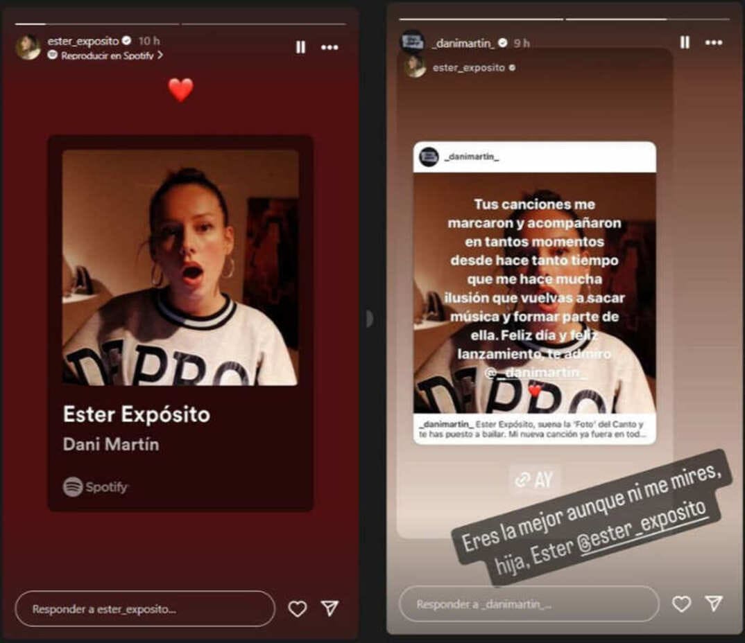 Montaje de los stories de Instagram de Dani Martín y Ester Expósito como reacción a la canción