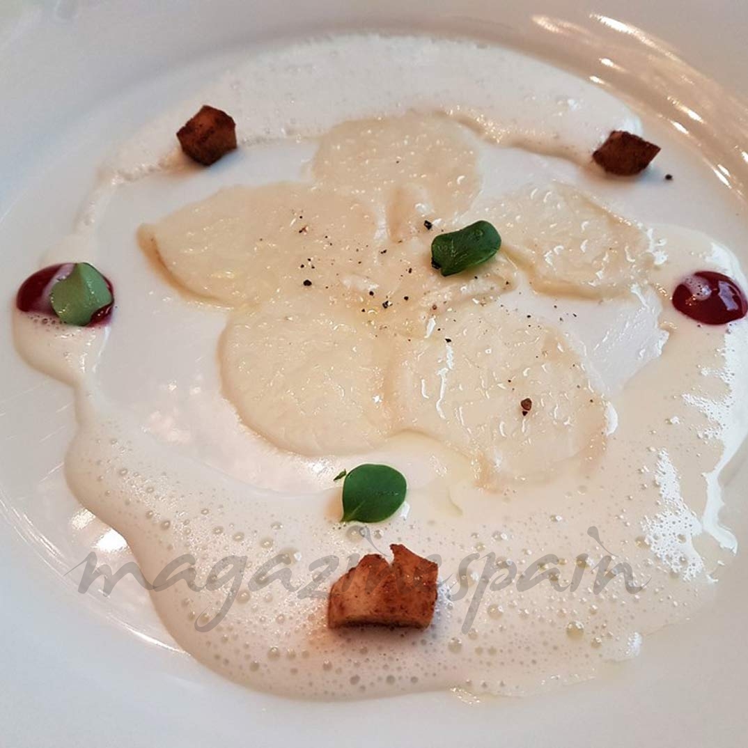 carpaccio de vieiras con aire de queso de cabra