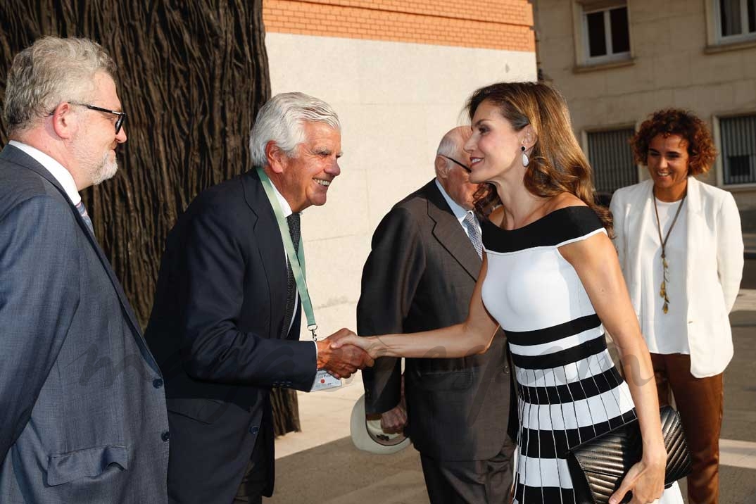 La Reina recibe el saludo del presidente de la Asociación Española contra el Cáncer (aecc) y de su Fundación Científica, Ignacio Muñoz, a su llagada al acto © Casa S.M. El Rey