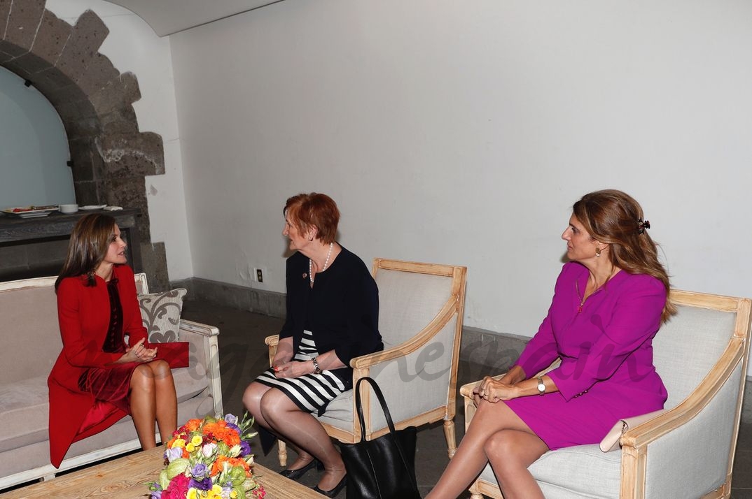 Doña Letizia durante el encuentro mantenido con la presidenta de la Unión Internacional Contra el Cáncer, Sanchia Aranda y la presidenta electa de la Unión Internacional Contra el Cáncer, Su Alteza Real Dina Mired de Jordania © Casa S.M. El Rey